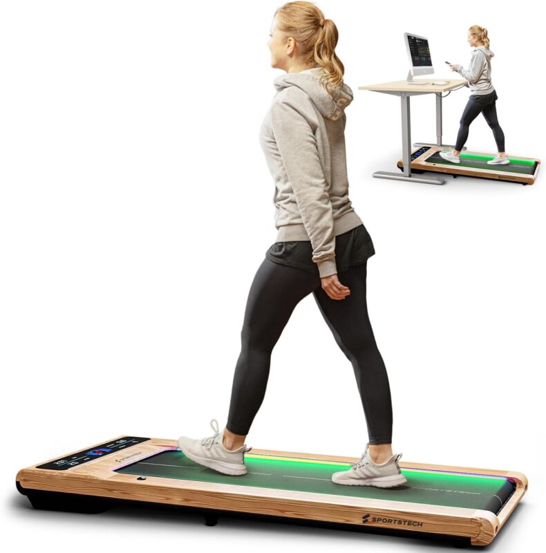 Sportstech Walking Pad mit Steigung, 150 kg belastbar, 8 km/h, Under Desk, Laufband für Zuhause Schreibtisch mit LED-Beleuchtung, fürs Home Office, Schrittzähler, bis 8 km/h, Treadmill, sWalk
