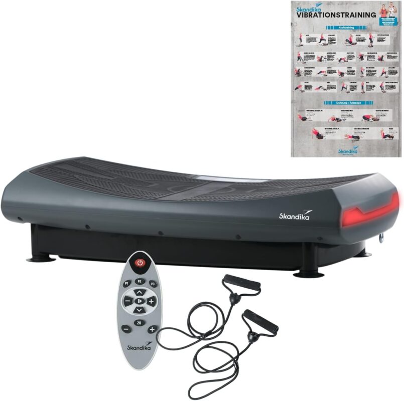 Skandika V2000 4D Vibrationsplatte Grau | 4D Vibration bis zu 35 Hz, Curved Technology, Bluetooth-Lautsprecher, Fernbedienung, 60 Stufen, 3 + 3 Programme, Oszillierende Vibration | Fitnessgerät