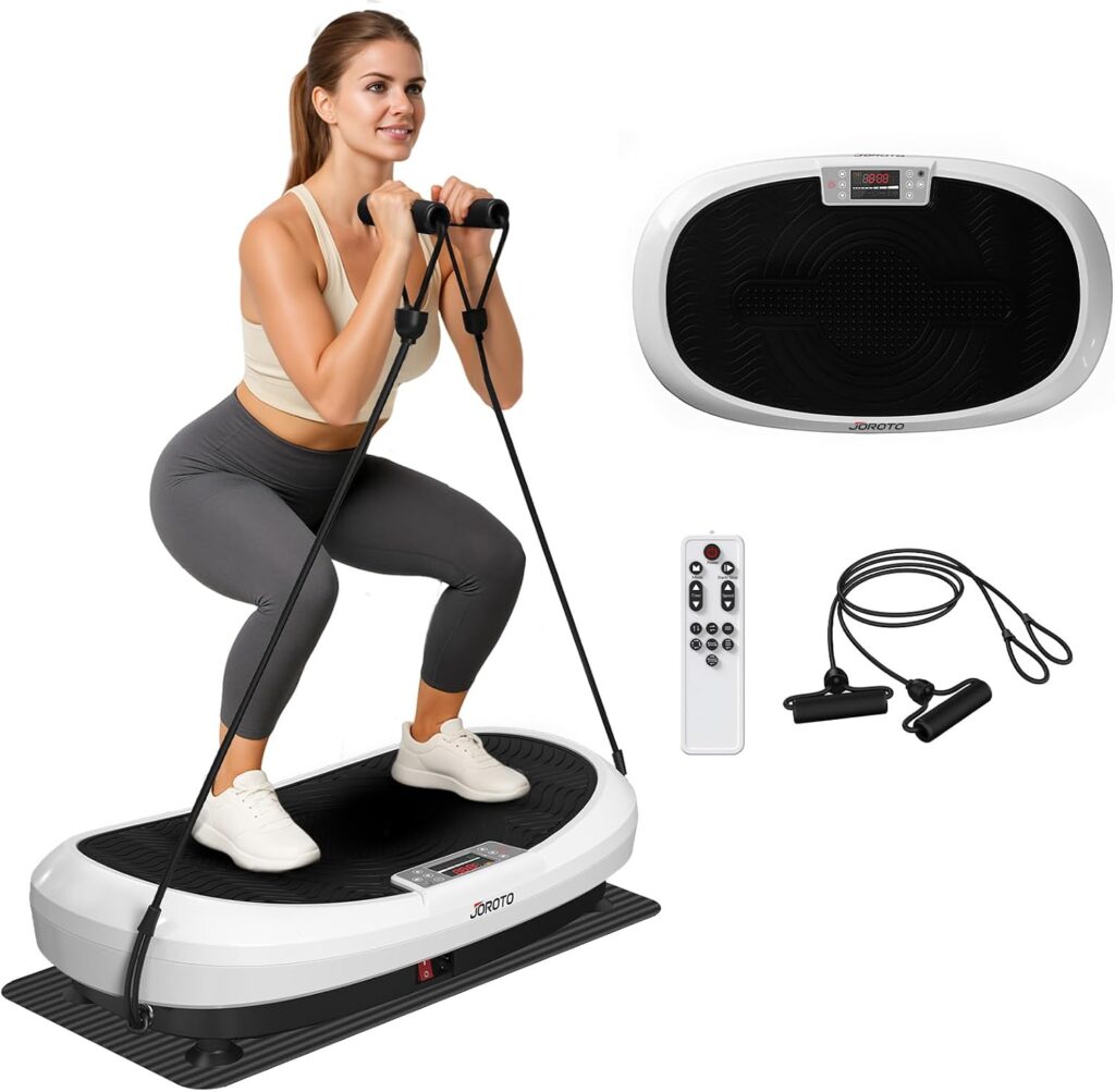JOROTO JV50/JV60 Vibrationsplatte, 4D Vibrationsgerät für Zuhause mit 3 Motoren, 10 Modi & 120 Stufen, Bluetooth-Lautsprecher, LED-Beleuchtung für Ganzkörpertraining, bis 158KG Belastbarkeit