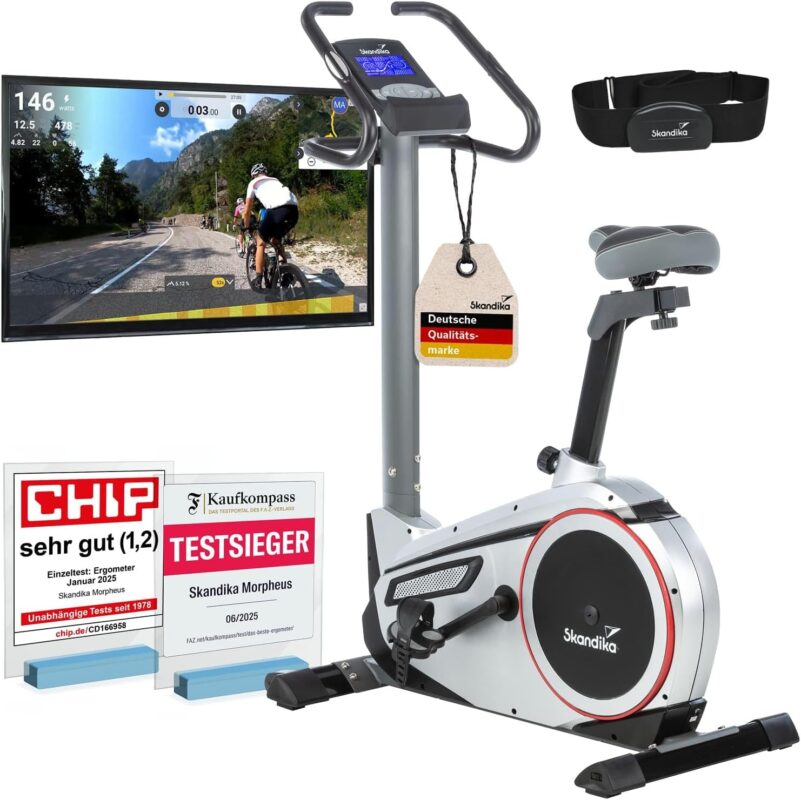 Skandika Ergometer Morpheus | Heimtrainer für Zuhause, 12 kg Schwungmassensystem, 32 Levels, 24 Programme, App Kompatibel mit Kinomap, Pulsgurt, Tablethalterung | Indoor Fahrrad bis 150 kg