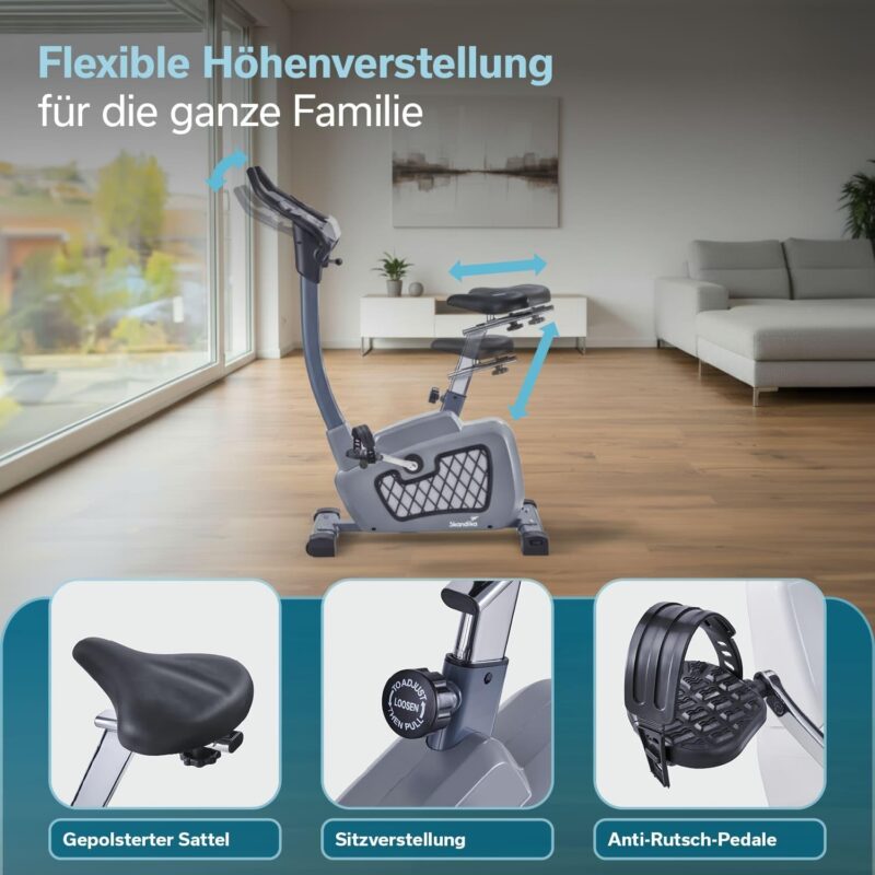 Skandika Wiry Ergometer Heimtrainer 11kg Schwungmasse 24 Trainingsprogramme 32 Widerstandsstufen Magnetbremssystem Bluetooth Kinomap App-Steuerung Transportrollen