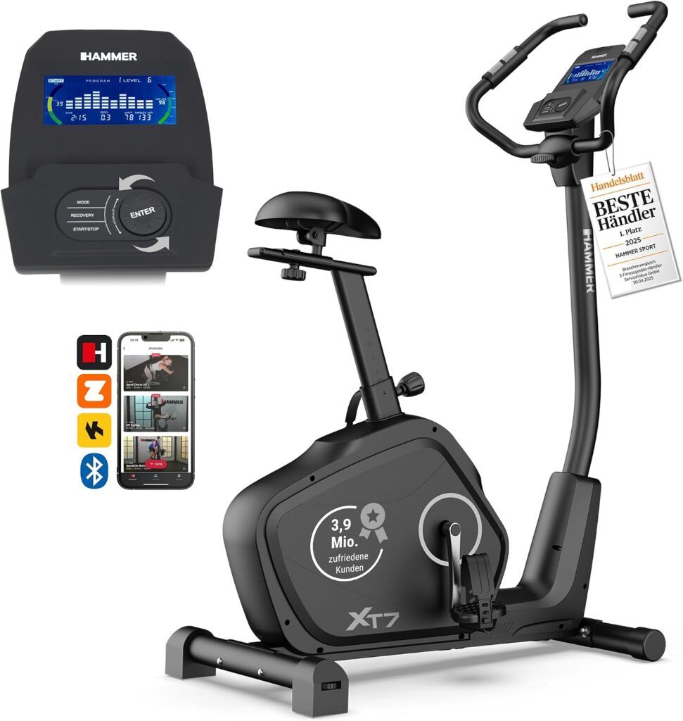 HAMMER Ergometer Cardio XT7 – leiser Heimtrainer für Zuhause mit tiefem Einstieg, App Kompatibel mit Kinomap, 8 kg Schwungmassensystem, 24 Programme, Hometrainer Fahrrad bis 130 kg
