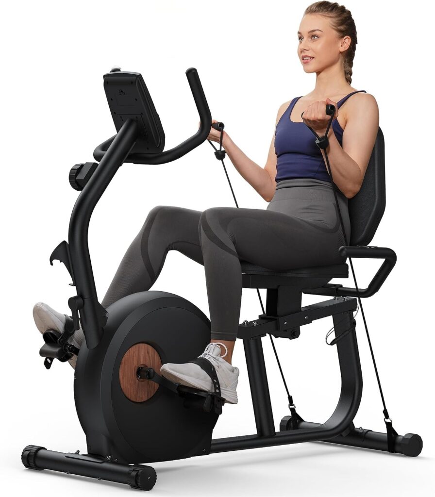 MERACH Liegeergometer für Zuhause mit Widerstandsbändern, leiser Heimtrainer Fahrrad mit 8-stufigem Magnetwiderstand, App-kompatibel, LCD-Display, Herzfrequenzsensoren, verstellbare Rückenlehne