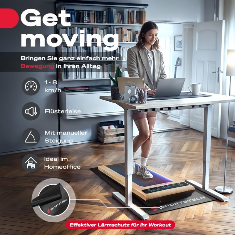 Sportstech Walking Pad mit Steigung, 150 kg belastbar, 8 km/h, Under Desk, Laufband für Zuhause Schreibtisch mit LED-Beleuchtung, fürs Home Office, Schrittzähler, bis 8 km/h, Treadmill, sWalk