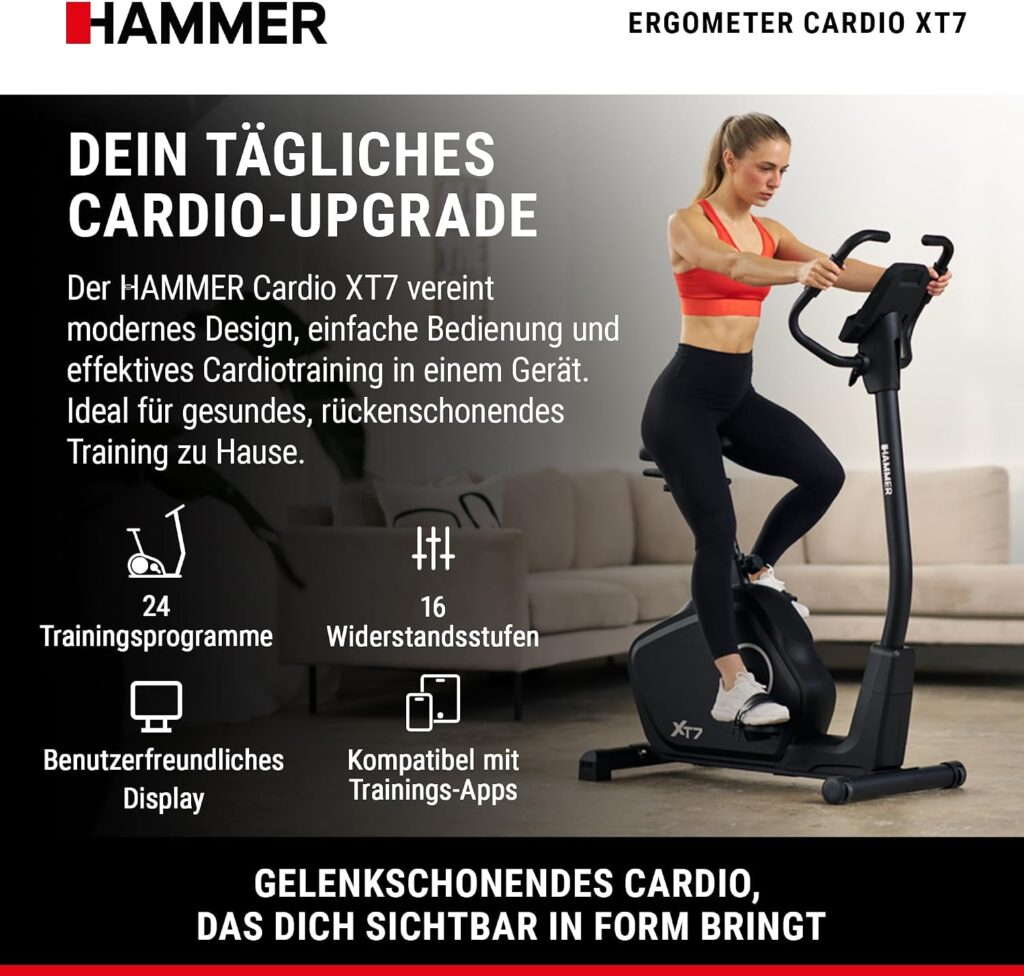 HAMMER Ergometer Cardio XT7 – leiser Heimtrainer für Zuhause mit tiefem Einstieg, App Kompatibel mit Kinomap, 8 kg Schwungmassensystem, 24 Programme, Hometrainer Fahrrad bis 130 kg