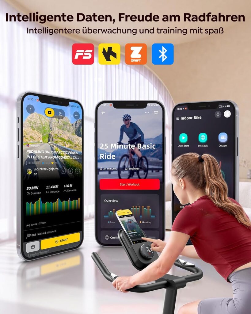 Heimtrainer Fahrrad mit App, Touch-Drehregler Ergometer, Hometrainer Fahrrad mit Flüsterleise, Spinning Bike Indoor mit Verstellbarem Widerstand, 15KG Schwungrad, Bis 170KG