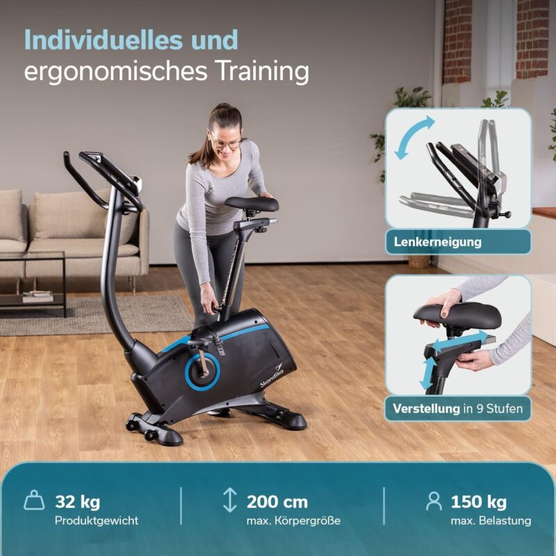 Skandika Ergometer Fahrrad Atlantis | Heimtrainer mit App Steuerung (Kinomap, iConsole), Bluetooth, 10kg Schwungmasse, Puls und Körperfettmessung, 32 Stufen, geräuscharm, Transportrollen | bis 150kg