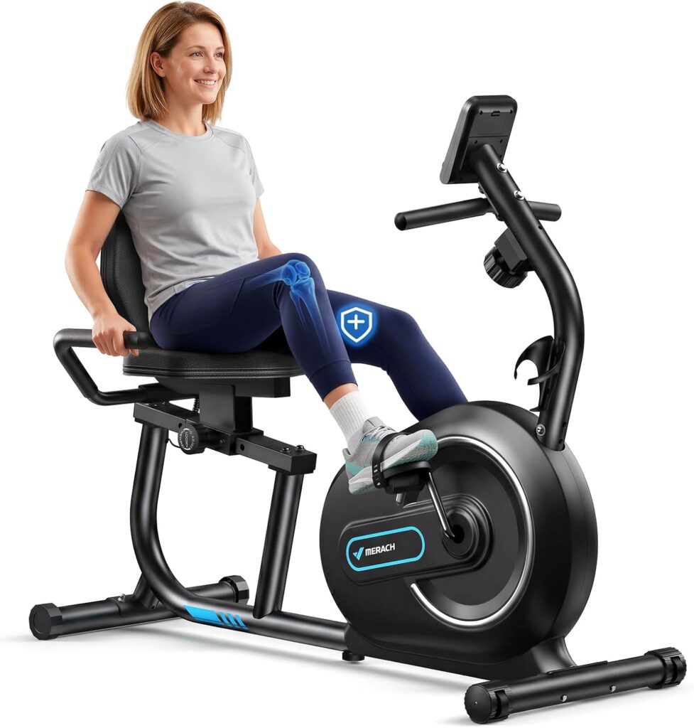 MERACH Liegeergometer für Zuhause mit 8-stufigem Magnetwiderstand, leiser Heimtrainer Fahrrad mit Smart Bluetooth, App-kompatibel, LCD-Display, Herzfrequenzsensoren, verstellbare Rückenlehne