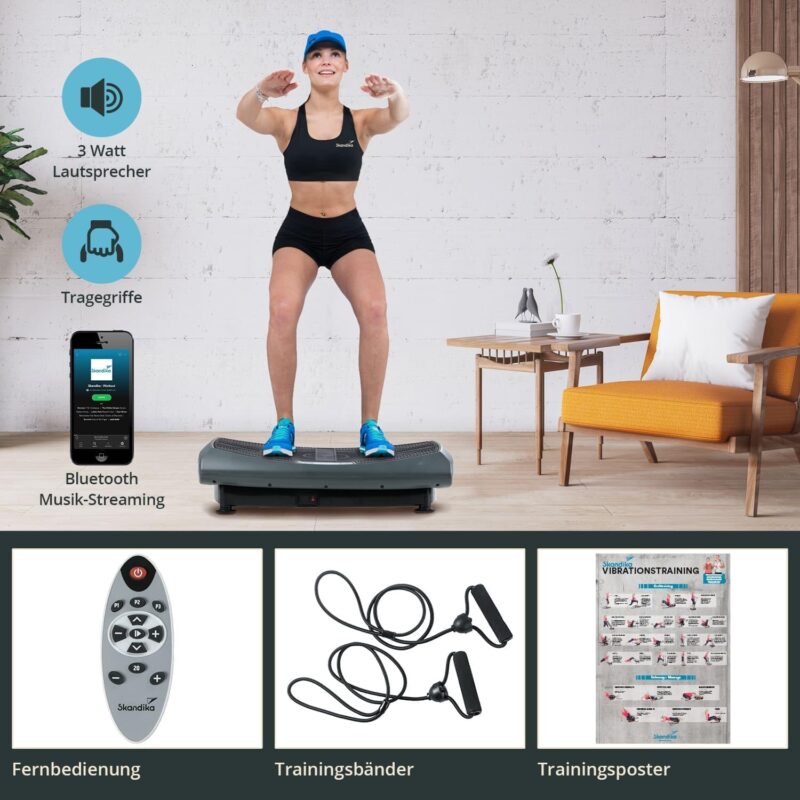 Skandika V2000 4D Vibrationsplatte Grau | 4D Vibration bis zu 35 Hz, Curved Technology, Bluetooth-Lautsprecher, Fernbedienung, 60 Stufen, 3 + 3 Programme, Oszillierende Vibration | Fitnessgerät