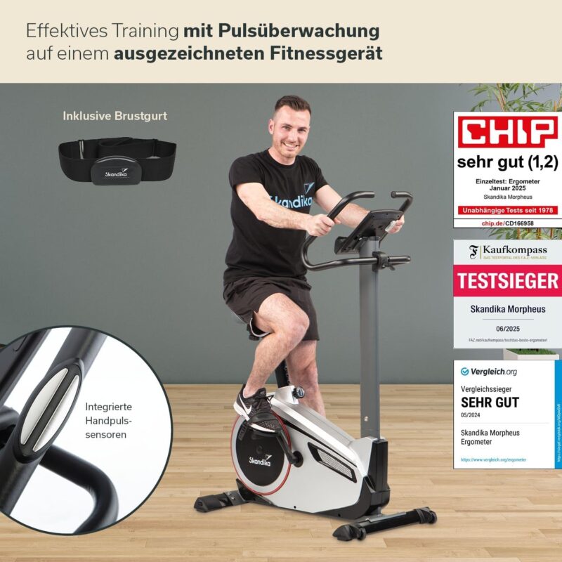Skandika Ergometer Morpheus | Heimtrainer für Zuhause, 12 kg Schwungmassensystem, 32 Levels, 24 Programme, App Kompatibel mit Kinomap, Pulsgurt, Tablethalterung | Indoor Fahrrad bis 150 kg