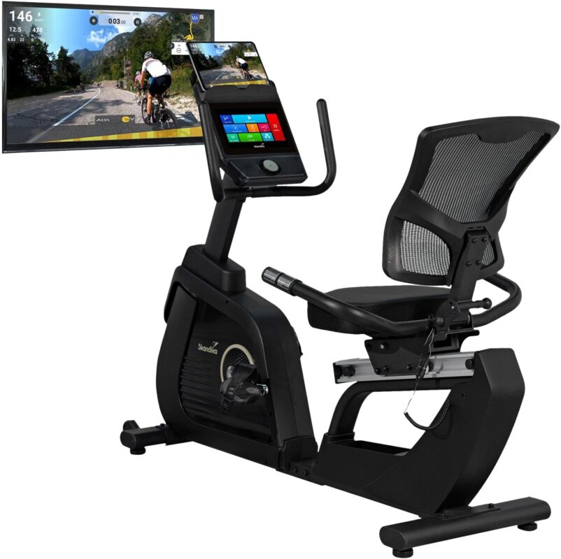 Skandika Liege-Ergometer P14 Comfort | Heimtrainer Fahrrad mit Touchscreen, Multimedia Computer, 32 Widerstandsstufen, bis 150 kg und 190 cm, Bluetooth, App-Konnektivität | Fitnessbike für zuhause