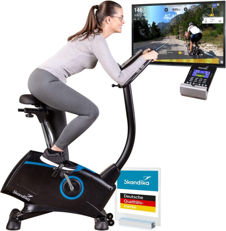 Skandika Ergometer Fahrrad Atlantis | Heimtrainer mit App Steuerung (Kinomap, iConsole), Bluetooth, 10kg Schwungmasse, Puls und Körperfettmessung, 32 Stufen, geräuscharm, Transportrollen | bis 150kg