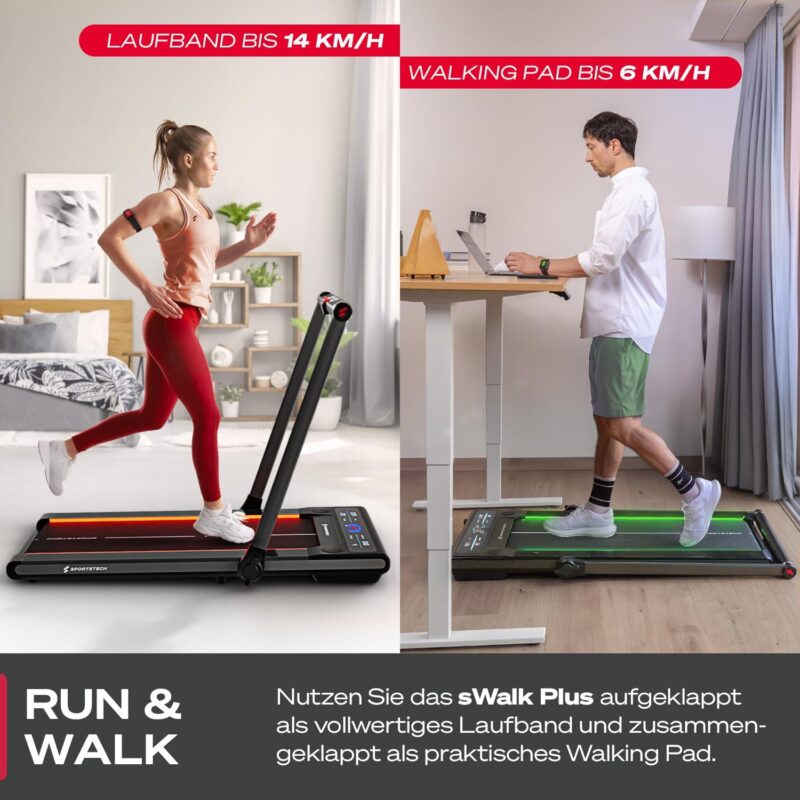Sportstech, Laufband für Zuhause klappbar, bis 12 km/h, 7,5% Steigung | 150 kg belastbar, 2in1 Walking Pad bis 6 km/h, Laufband bis 12 km/h, LED Display, Bluetooth App, Home Office, sWalk Plus