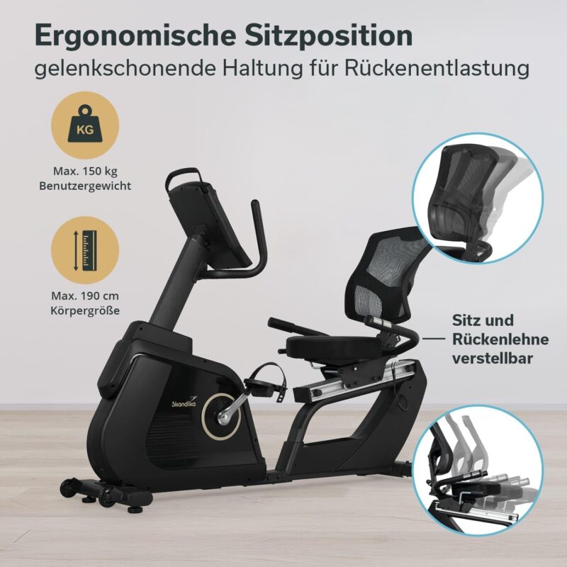Skandika Liege-Ergometer P14 Comfort | Heimtrainer Fahrrad mit Touchscreen, Multimedia Computer, 32 Widerstandsstufen, bis 150 kg und 190 cm, Bluetooth, App-Konnektivität | Fitnessbike für zuhause