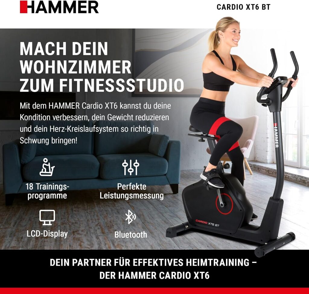 HAMMER 4862 Ergometer Cardio XT6 BT, leises Fitnessfahrrad mit tiefem Einstieg und Comfort-Sattel, 13 kg Schwungmassensystem, Bluetooth & App-Steuerung, 130 kg Benutzergewicht, 93 x 51 x 150 cm