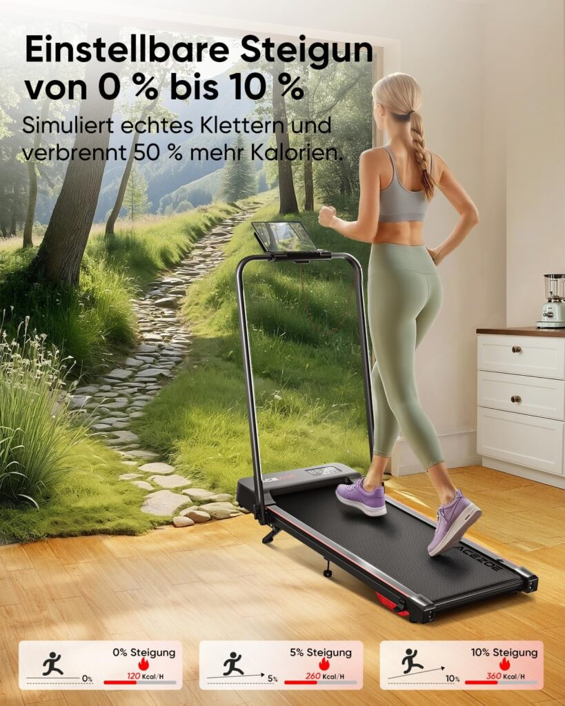 6 in 1 laufband für zuhause klappbar,Walking Pad mit Steigung 10% in 3 Stufen und Griff, Treadmill für Zuhause/Büro mit LED-Anzeige, Bis 135kg Belastbar,Fernbedienung und App,Keine Installation