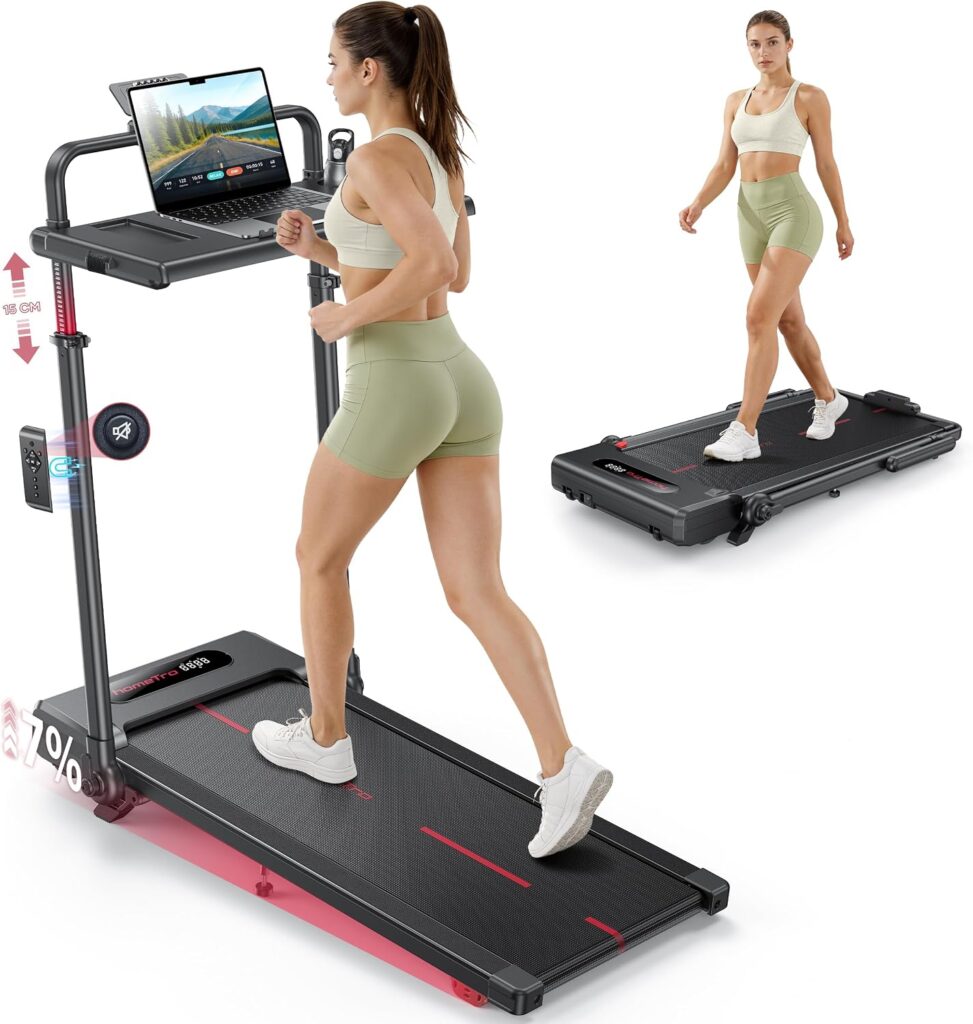 Laufband für Zuhause Klappbar mit 7% Steigung, All-in-1 Walking Pad bis 12 km/h mit 3,0 PS Leisem Motor, Höhenverstellung bis 150mm & Abnehmbarem Schreibtisch, APP und Fernbedienung