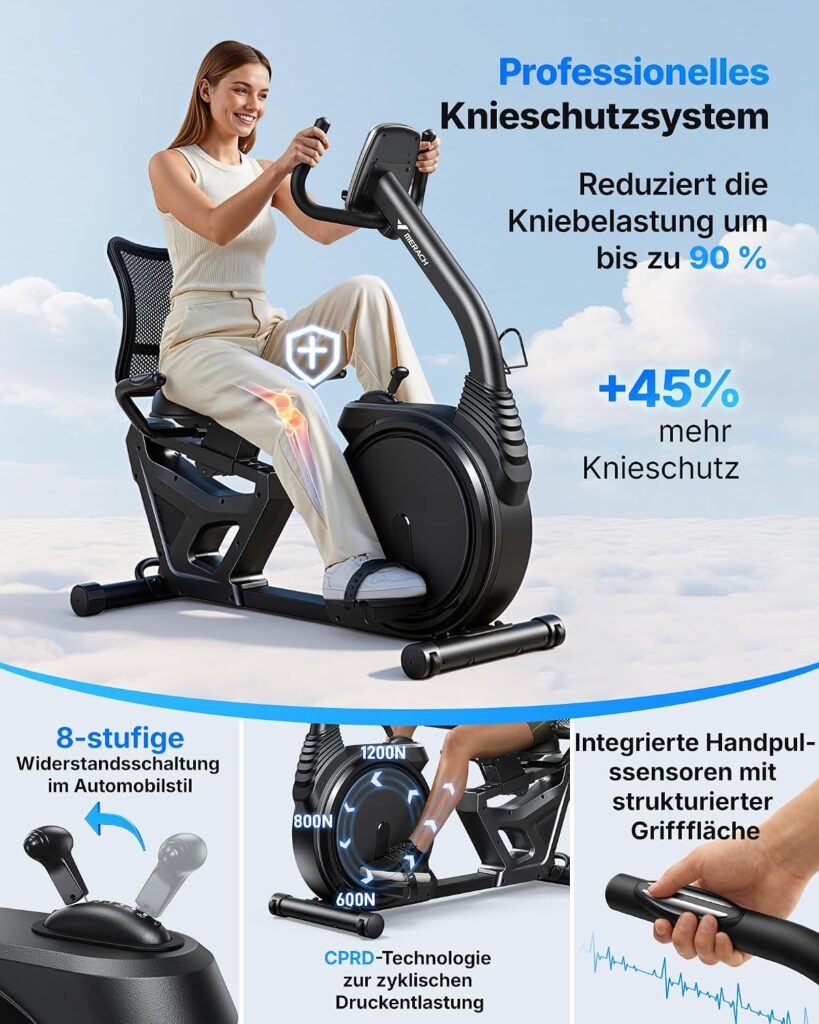MERACH Liegeergometer für Zuhause mit 8 verstellbaren Widerstandsstufen, leichte kommerzielle Heimtrainer Fahrrad mit Smart Bluetooth, exklusiver App-Konnektivität, LCD-Display, Herzfrequenzsensoren