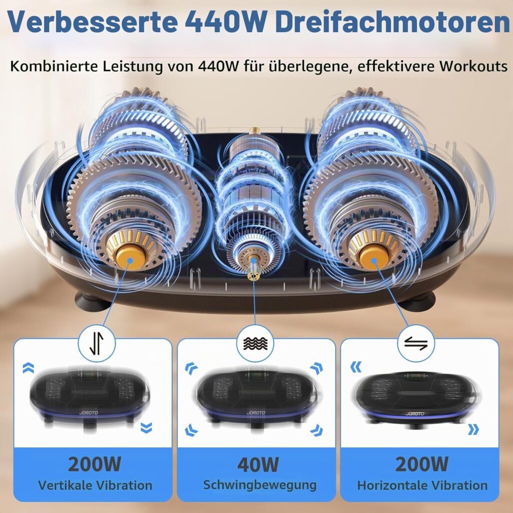JOROTO Vibrationsplatte 4D für Zuhause - [3 leistungsstarke Motoren] Profi-Ganzkörpertraining | App-kompatibel | Integrierter Bluetooth-Lautsprecher & LED-Lichtern, bis 200 kg, Ideal für Heimfitness
