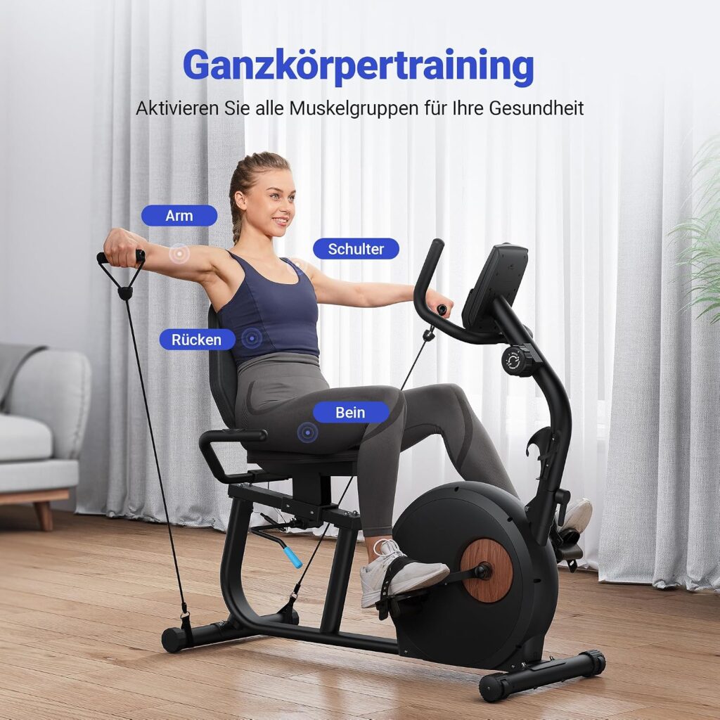MERACH Liegeergometer für Zuhause mit Widerstandsbändern, leiser Heimtrainer Fahrrad mit 8-stufigem Magnetwiderstand, App-kompatibel, LCD-Display, Herzfrequenzsensoren, verstellbare Rückenlehne
